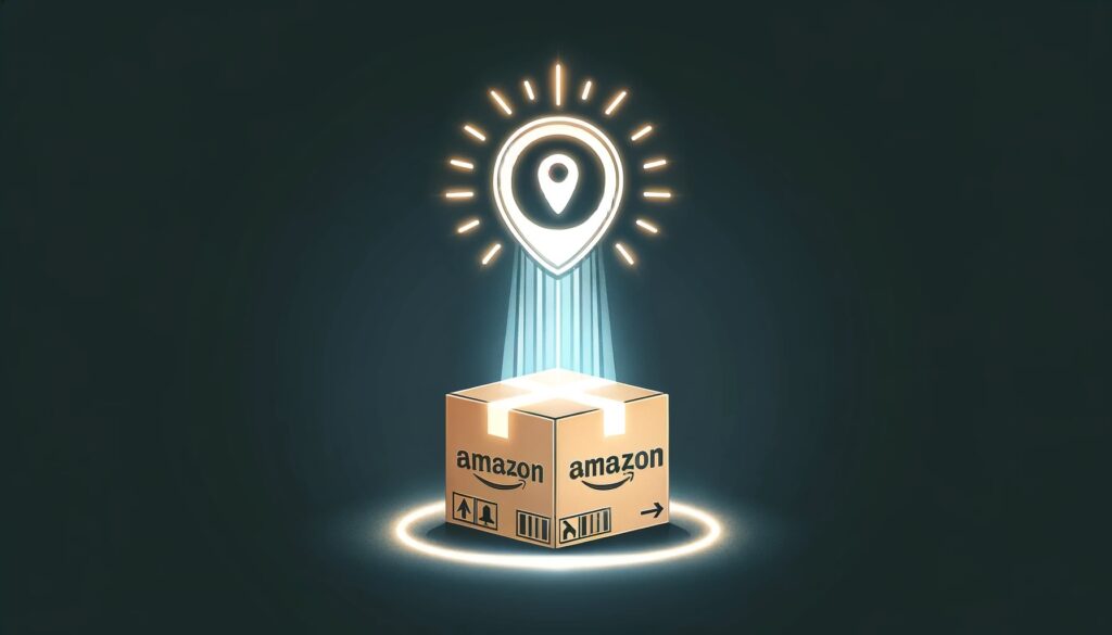 A stylized view of a spotlight shining down on a brown Amazon cardboard box 